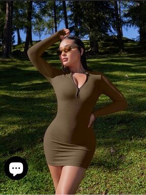 OQQ Ribbed Long-Sleeve Zip Front Bodycon Dress in Brown